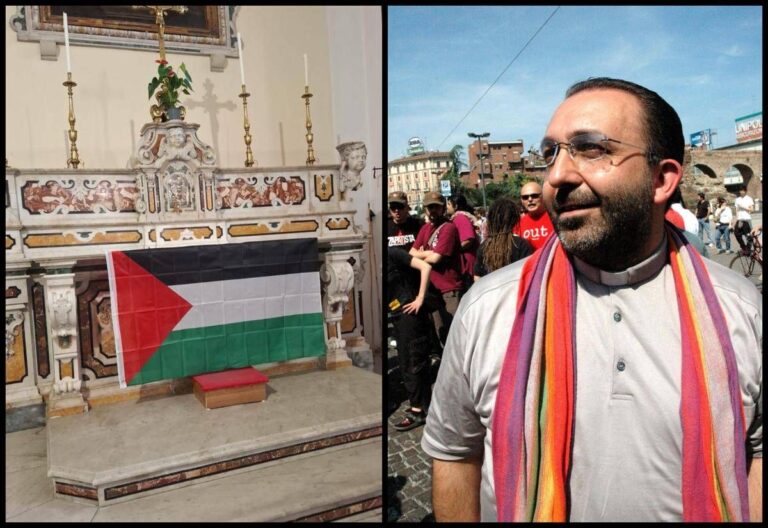 Prete ‘no global’ espone bandiera palestinese sull’altare: “Vangelo ci dice di schierarci”
