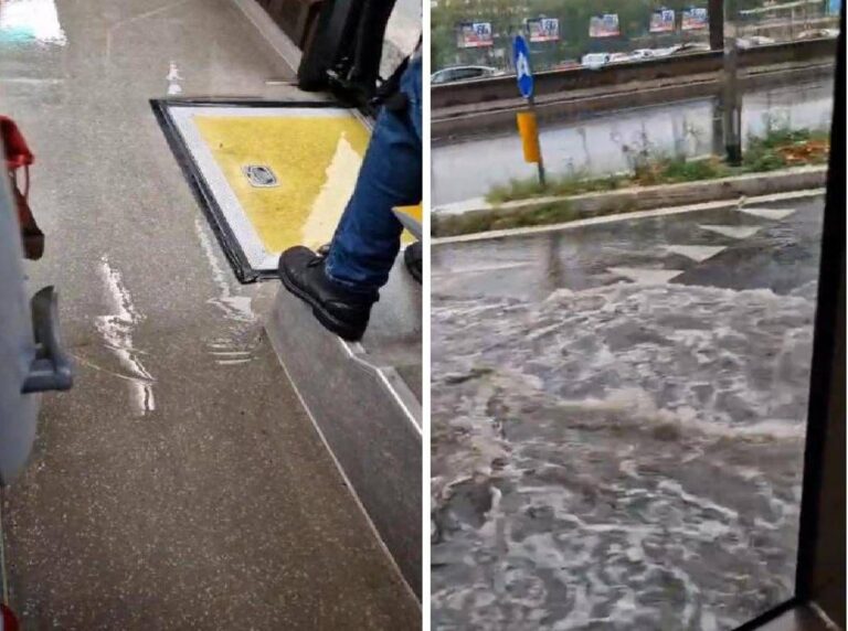 Maltempo Roma, sulla Cristoforo Colombo autobus allagato fa ‘surf’ in strada