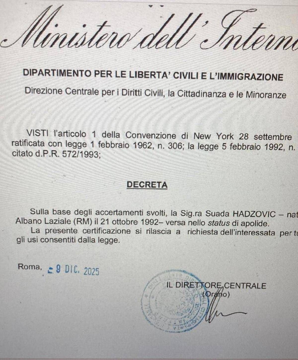 Per 33 anni ‘ostaggio’ dell’Italia dove è nata e cresciuta, ora è finalmente apolide: il decreto del Viminale
