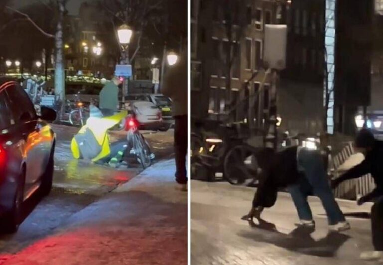 Amsterdam congelata: si scivola tra strade ghiacciate e scene surreali
