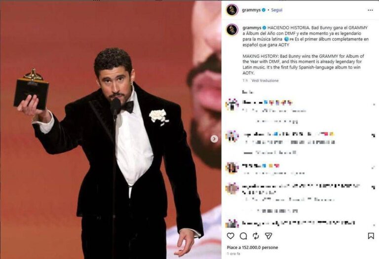 Grammy 2026, il trionfo di Bad Bunny. ‘Wildflower’ di Billie Eilish canzone dell’anno